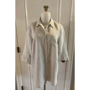 Chicos Size 1 Striped Linen‎ Blend Button Up 3/4 Sleeve Lightweight Casual Shirt